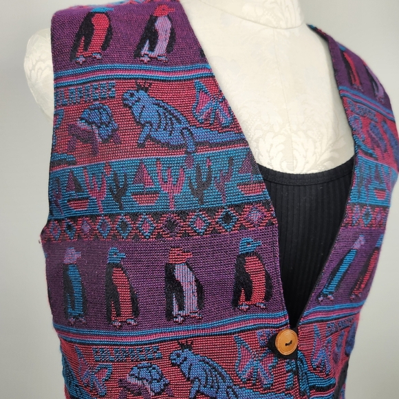 Vest Vintage Woven Tapestry Wool Cotton Galapagos Tortoise Penguin Iguana Size M - Picture 7 of 12
